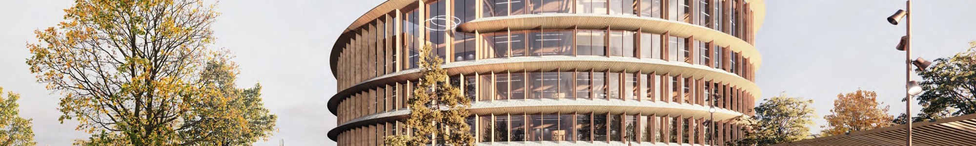 Det foreløbige design af Grundfos' kommende hovedkvarter i Bjerringbro, som bæredygtighedscertificeres som DGNB Platin og skal opfylde krav til LEED Platin. Illustration: Grundfos